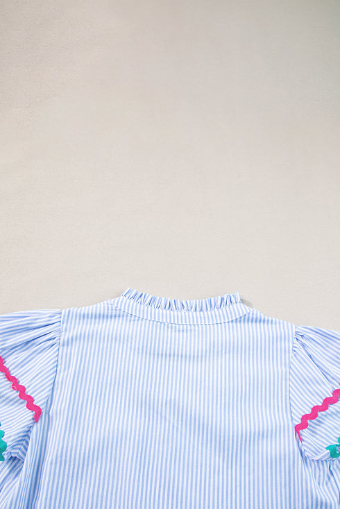 Stripe Ricrac Trim Split Neck Striped Ruffled Sleeve Blouse